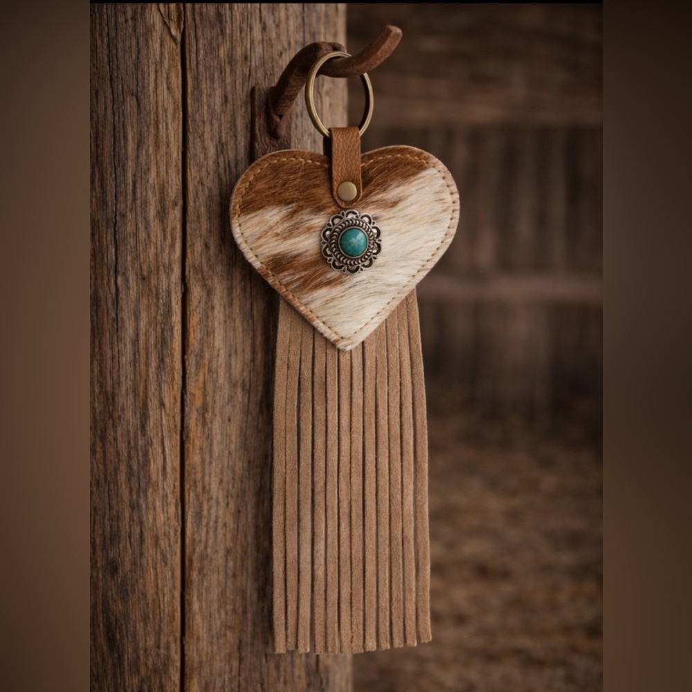Heart Tassel Keychain with Turquoise Accent - Brown & Cream